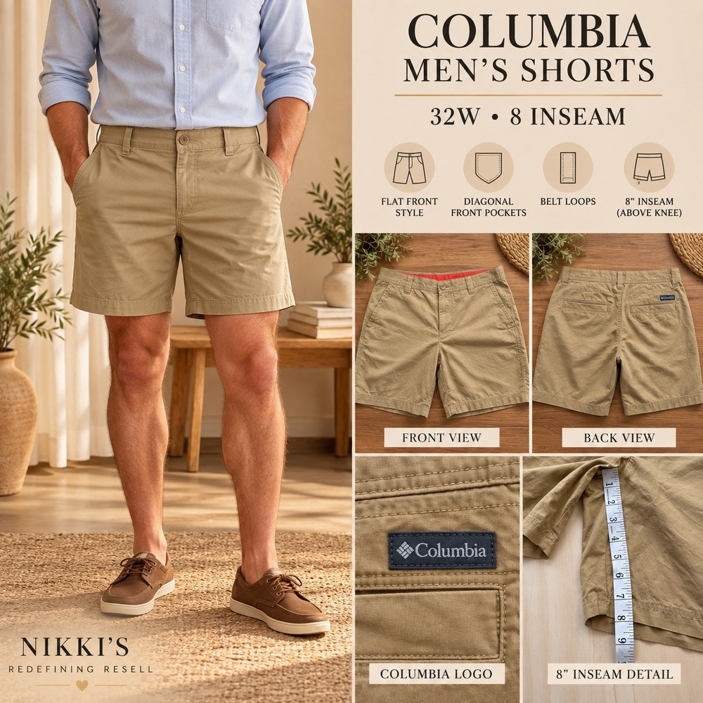 Columbia Mens Tan Khaki Flat Front Shorts 32W 8L Cotton AM4471